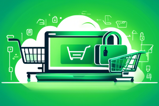 Create an image of an online store with a shopping cart icon and a secure lock symbol overlay. The background should include elements like laptops, smartphones, and tablets displaying the store's website with a 'Privacy Policy' section prominently visible. The overall design should be clean and professional, emphasizing data protection and trust.