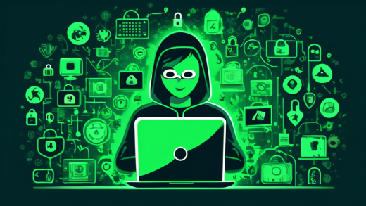 Create an image of a person confidently using a laptop in a dimly lit room, surrounded by icons representing different privacy-focused web browsers like Tor, Brave, and DuckDuckGo. The background includes padlocks, shields, and encrypted codes to emphasize online privacy and security.