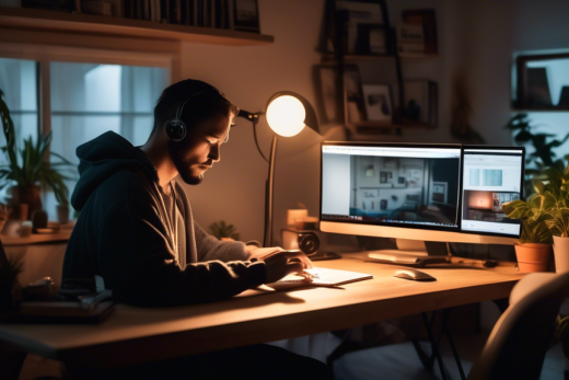 Create an image of a person sitting at a desk in a cozy home office, engrossed in surfing the internet on a laptop. The laptop screen displays multiple tabs labeled Security, Privacy, and Best Browser Options. The room features soft lighting, a bookshelf filled with tech and internet security books, a potted plant, and minimalistic decor. The atmosphere should convey a sense of safety and focus on cybersecurity and privacy.