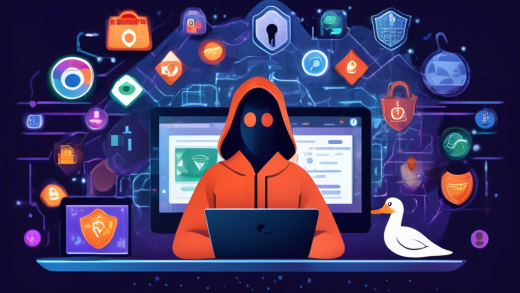 A digital illustration of a person using a laptop in a cozy, dimly lit room, surrounded by icons representing various private web browsers such as Tor, Brave, and DuckDuckGo. The screen of the laptop shows a shield symbol indicating security, with a padlock icon and a subtle background of encrypted data patterns. The overall atmosphere conveys a sense of protection and privacy.