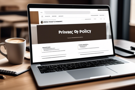 Create an image of a sleek, modern laptop on a wooden desk, displaying a webpage with the title Generic Privacy Policy for Your Online Store at the top. Surround the laptop with elements like a coffee cup, notepad, and eyeglasses, symbolizing a casual but professional workspace. The webpage on the screen should feature bullet points and sections, illustrating a privacy policy template in a clean, easy-to-understand layout. Include subtle icons relevant to online security and privacy, like a padlock, a checkmark, and a shield, to emphasize the importance of data protection.