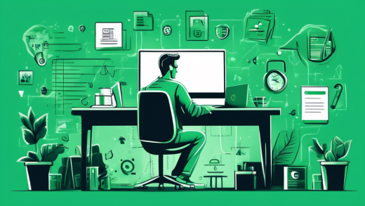 Create an illustration of an online business owner in a stylish home office setting, diligently working on a laptop to draft a Privacy Policy. Include elements like a checklist, books on legal regulations, and security icons like padlocks, emphasizing the importance of data protection and privacy in e-commerce.