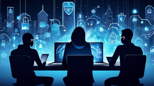 Create an image that depicts a diverse group of people using laptops and smartphones while being shielded by a digital shield that displays symbols of security, such as locks, encryption keys, and privacy icons. The background could illustrate a modern, interconnected cityscape with lines representing data flow. The overall atmosphere should evoke a sense of safety and vigilance in the digital age.