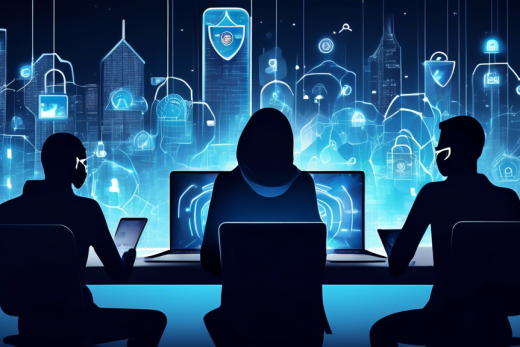 Create an image that depicts a diverse group of people using laptops and smartphones while being shielded by a digital shield that displays symbols of security, such as locks, encryption keys, and privacy icons. The background could illustrate a modern, interconnected cityscape with lines representing data flow. The overall atmosphere should evoke a sense of safety and vigilance in the digital age.