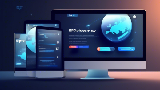 Create an image of a futuristic, sleek web browser interface titled 'Epic Privacy Browser,' showcasing key features like built-in VPN, ad-blocker, and privacy-focused tools. Include visuals of secure web browsing, shield icons, and a user feeling confident and safe while surfing the internet. Use a modern and clean design aesthetic with a focus on privacy and security.