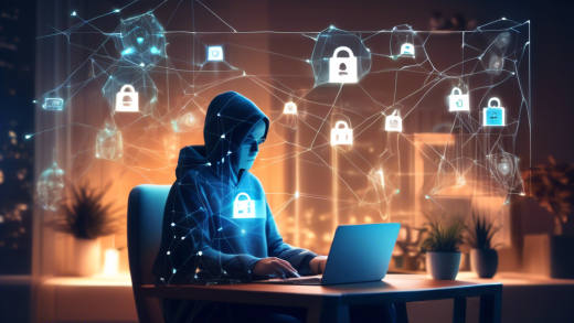 Create an image of a person using a laptop with a padlock icon on the screen. They are sitting in a cozy, modern home environment. Around them, there are translucent, glowing connections to various recognizable online services and websites, illustrating the idea of privacy and security. In the background, include abstract representations of encryption and data shields to emphasize the role of VPN services in protecting online privacy.