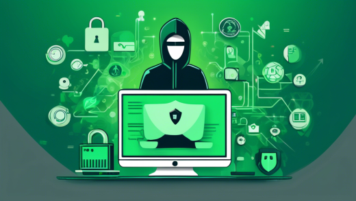 Create an image showing a person sitting at a computer with icons representing various online privacy protection services, such as VPNs, antivirus software, and encrypted messaging apps, surrounding them. The background should include a digital padlock and shield, symbolizing security and privacy in the online world.