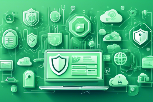 Create a detailed and high-quality image of a secure digital environment showcasing various online privacy protection services. The scene should include symbols representing VPNs, antivirus software, secure cloud storage, and encrypted communication apps. Use a modern and tech-savvy aesthetic with a soothing color palette to convey trust and security.