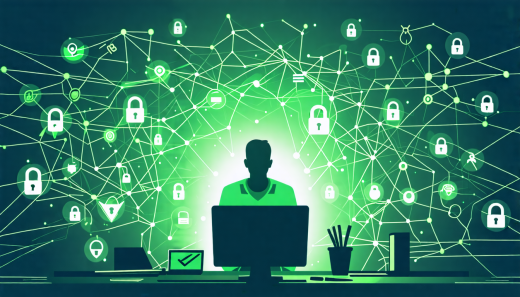 Create a digital illustration depicting the concept of internet privacy in the digital age. Show a person sitting at a computer, with various icons like locks, shields, and keys surrounding them, representing security. In the background, display an abstract web of interconnected lines symbolizing the internet. Add subtle elements like blurry faces or silhouettes to signify anonymity and protection of personal information. Use a modern, sleek art style with a balance of dark and vibrant colors to convey the importance and complexity of online privacy.