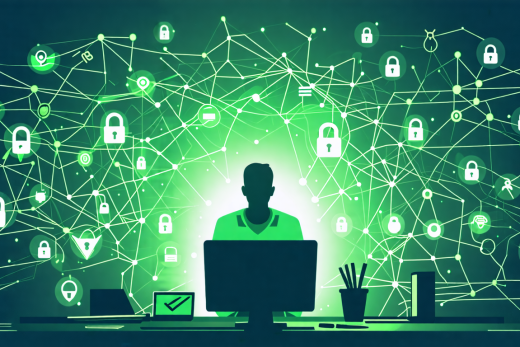 Create a digital illustration depicting the concept of internet privacy in the digital age. Show a person sitting at a computer, with various icons like locks, shields, and keys surrounding them, representing security. In the background, display an abstract web of interconnected lines symbolizing the internet. Add subtle elements like blurry faces or silhouettes to signify anonymity and protection of personal information. Use a modern, sleek art style with a balance of dark and vibrant colors to convey the importance and complexity of online privacy.