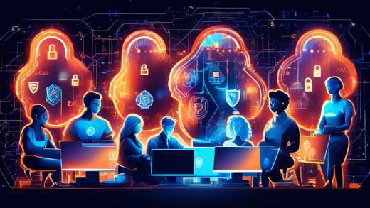 Create an image showing a diverse group of people sitting at computers, each surrounded by a bright shield of light. The shields have icons representing locks, keys, and privacy symbols. The background is a mix of digital code and a network of interconnected lines, illustrating the online environment. The overall tone should be modern and professional, emphasizing the importance of online security and privacy.