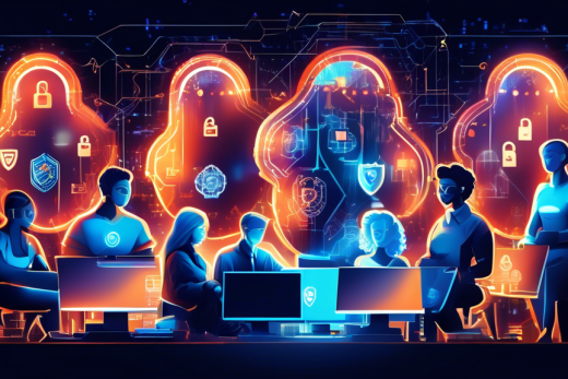 Create an image showing a diverse group of people sitting at computers, each surrounded by a bright shield of light. The shields have icons representing locks, keys, and privacy symbols. The background is a mix of digital code and a network of interconnected lines, illustrating the online environment. The overall tone should be modern and professional, emphasizing the importance of online security and privacy.