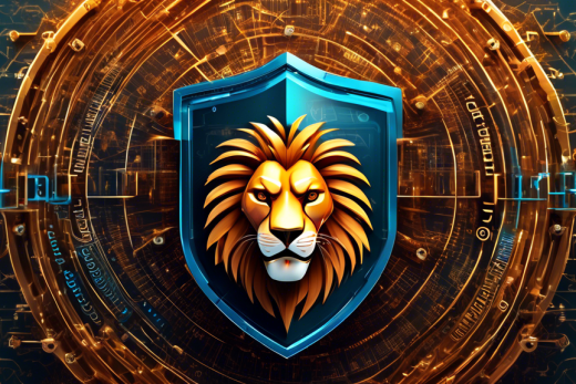 Create a digital illustration of a private web browser interface represented by a shield with a lion's face, symbolizing strength and privacy, with floating padlocks and encrypted data streams around it. The background should feature abstract patterns of codes and web icons, showing the complexity and vastness of the internet. The image should convey a sense of security, privacy, and modern technological innovation.