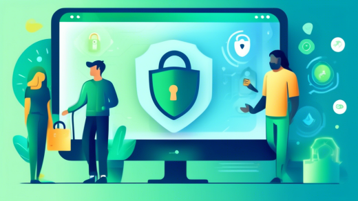 Create an image depicting a modern, sleek online store interface with various privacy icons such as a padlock, shield, and fingerprint. The background should feature blurred text symbolizing a privacy policy, with a diverse group of people happily browsing on different devices, reflecting trust and security. Use a color palette that conveys professionalism and safety, like blues and greens.