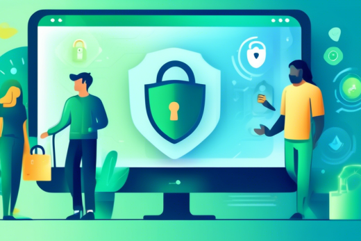 Create an image depicting a modern, sleek online store interface with various privacy icons such as a padlock, shield, and fingerprint. The background should feature blurred text symbolizing a privacy policy, with a diverse group of people happily browsing on different devices, reflecting trust and security. Use a color palette that conveys professionalism and safety, like blues and greens.