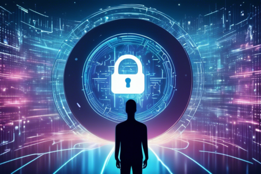 Create an image that visually represents the concept of online privacy protection. The scene features a digital lock symbol with a futuristic, holographic design at the center. Around it, depict various digital elements such as binary code, social media icons, and email symbols, all interconnected by glowing lines. In the background, show a subtle silhouette of a person working on a computer, representing the user's presence. The overall color palette should be blue and green tones, symbolizing security and technology.