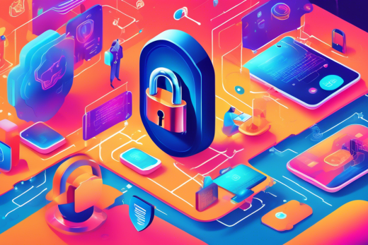 Create an image depicting a digital landscape with various elements representing online privacy practices, such as a padlock symbol, a shield with a checkmark, encrypted data streams, VPN connections, and a smartphone with security settings. The scene should be futuristic and informative, conveying the importance of protecting personal information in a connected world. Use vibrant colors to highlight the advanced technology and incorporate subtle icons of popular social media platforms being safely navigated.