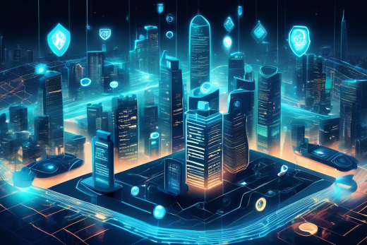 Create an image depicting a futuristic cityscape where interconnected devices, such as smart cars, drones, and buildings, are enveloped in a glowing digital shield. The shield symbolizes advanced IoT privacy and security measures, with binary code and locks integrated into the design. Include diverse individuals interacting safely with their devices, showcasing a harmonious and secure digital environment.