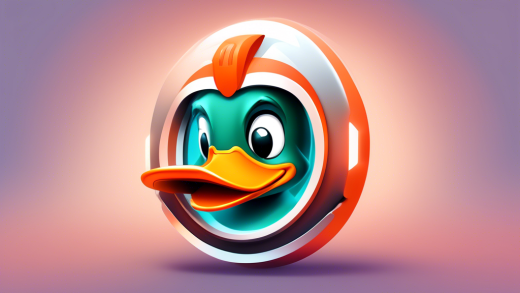 Create an illustration of a futuristic web browser interface with a prominent duck mascot, symbolizing DuckDuckGo. The interface should display key features such as a privacy shield, a seamless search bar, and a speedometer showing fast performance. Include visual elements that convey privacy, such as locks or shields, and incorporate a sleek, modern design that emphasizes user-friendly navigation and security. The background should be a digital cityscape to represent the vastness and connectivity of the internet.