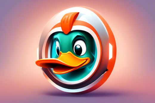 Create an illustration of a futuristic web browser interface with a prominent duck mascot, symbolizing DuckDuckGo. The interface should display key features such as a privacy shield, a seamless search bar, and a speedometer showing fast performance. Include visual elements that convey privacy, such as locks or shields, and incorporate a sleek, modern design that emphasizes user-friendly navigation and security. The background should be a digital cityscape to represent the vastness and connectivity of the internet.