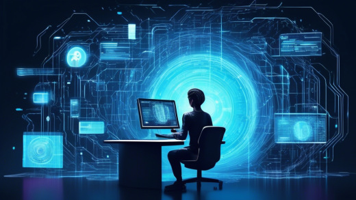 Create a detailed and futuristic digital illustration showing a person using a high-tech computer interface to delete their personal information online. Include visual elements like holographic screens displaying personal data, a delete button glowing prominently, and binary code swirling around symbolizing the digital realm. The setting should be a sleek, modern workspace with minimalistic design, emphasizing privacy and tech-savvy ambiance. The person should appear focused and determined, highlighting the empowerment and control they have over their personal data.