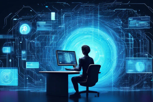 Create a detailed and futuristic digital illustration showing a person using a high-tech computer interface to delete their personal information online. Include visual elements like holographic screens displaying personal data, a delete button glowing prominently, and binary code swirling around symbolizing the digital realm. The setting should be a sleek, modern workspace with minimalistic design, emphasizing privacy and tech-savvy ambiance. The person should appear focused and determined, highlighting the empowerment and control they have over their personal data.