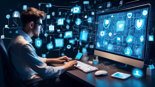 Create an image of a person sitting at a computer, focused on privacy protection. The screen shows various digital elements like personal profile photos, social media icons, and text snippets representing personal information. The person is using a large virtual eraser, symbolizing the removal of this information. Surround the computer with digital padlocks and shields to convey data security, in a modern, tech-themed setting.