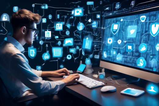 Create an image of a person sitting at a computer, focused on privacy protection. The screen shows various digital elements like personal profile photos, social media icons, and text snippets representing personal information. The person is using a large virtual eraser, symbolizing the removal of this information. Surround the computer with digital padlocks and shields to convey data security, in a modern, tech-themed setting.