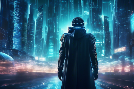 Create an image of a futuristic cityscape at night, where digital data flows like streams of light through the streets and buildings. In the foreground, a vigilant figure in a sleek, cyberpunk style outfit is holding a glowing shield made of binary code, symbolizing the protection of personal data. The city's skyscrapers have holographic billboards displaying messages about internet privacy and security, while drones hover above, monitoring for data breaches. The scene should convey a sense of both advanced technology and the critical need for internet privacy services.