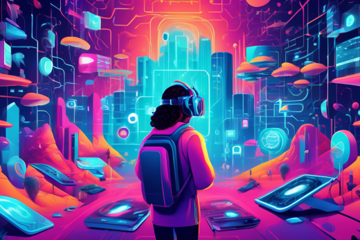 Create an illustration depicting a futuristic digital landscape where diverse characters use advanced technology to safeguard their privacy online. Include elements such as encrypted messages appearing as glowing geometric patterns, shields protecting personal data streams, and virtual reality headsets providing secure browsing experiences. The scene should convey a sense of security and empowerment, using vibrant colors and intricate details to symbolize the complexity and effectiveness of these privacy strategies.