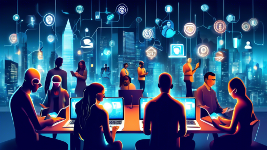 Create an image of a diverse group of people using various digital devices, such as laptops, smartphones, and tablets, surrounded by futuristic glowing symbols representing online privacy and security. Include iconography such as digital locks, shields, and encrypted data streams, all set against a modern cityscape to signify the year 2023. The atmosphere should convey a sense of protection and advanced technology.