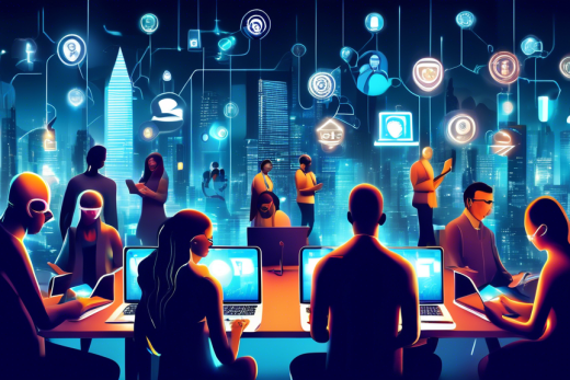 Create an image of a diverse group of people using various digital devices, such as laptops, smartphones, and tablets, surrounded by futuristic glowing symbols representing online privacy and security. Include iconography such as digital locks, shields, and encrypted data streams, all set against a modern cityscape to signify the year 2023. The atmosphere should convey a sense of protection and advanced technology.