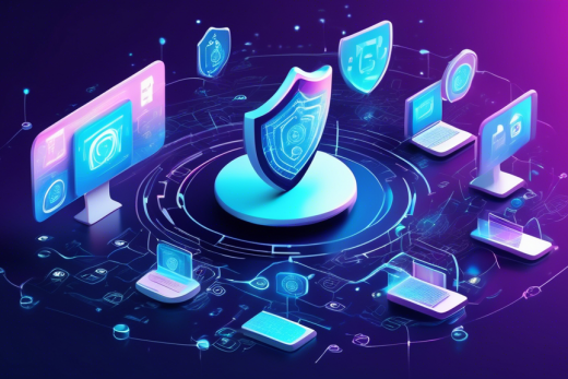 Create an image depicting a symbolic representation of internet privacy and security. The scene features a digital shield enveloping a variety of interconnected devices like smartphones, laptops, and tablets. Each device displays icons such as locks, keys, and cybersecurity graphics. Surrounding the shield, binary code streams in a transparent flow, illustrating the digital environment. In the background, there are abstract elements suggesting a balance between openness and protection, emphasizing the theme of enhancing privacy and security on the internet.