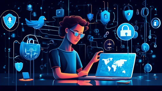 Create an image that visually represents the concept of internet privacy in the digital age. The scene should feature a person surrounded by floating digital symbols such as padlocks, keys, and shields, symbolizing protection. In the background, there should be abstract representations of data streams and networks. The person is confidently interacting with a laptop, with a calm expression, embodying the mastery of essential internet privacy tools. The color palette should include blues and greens to convey a sense of security and technology.