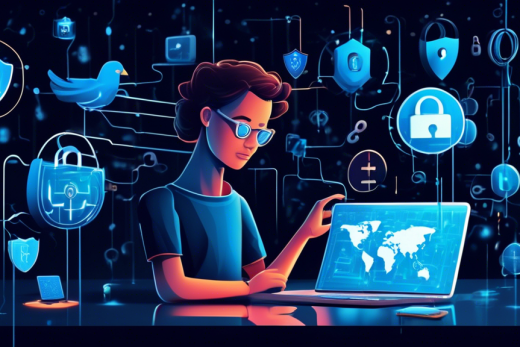 Create an image that visually represents the concept of internet privacy in the digital age. The scene should feature a person surrounded by floating digital symbols such as padlocks, keys, and shields, symbolizing protection. In the background, there should be abstract representations of data streams and networks. The person is confidently interacting with a laptop, with a calm expression, embodying the mastery of essential internet privacy tools. The color palette should include blues and greens to convey a sense of security and technology.