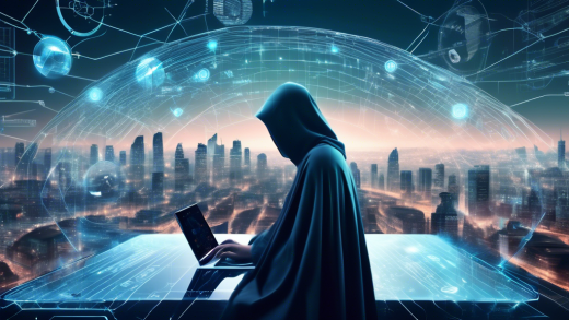 Create an image depicting a futuristic digital landscape representing privacy and security. In the foreground, a person is browsing the internet on a sleek, transparent device with a cloak of invisibility surrounding them, symbolizing an online private browser. Intricate lines and symbols representing data protection weave around the device, while the background features a serene, encrypted cityscape, emphasizing the harmony and safety of online privacy.