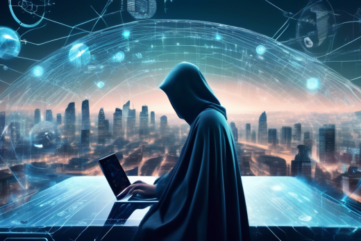 Create an image depicting a futuristic digital landscape representing privacy and security. In the foreground, a person is browsing the internet on a sleek, transparent device with a cloak of invisibility surrounding them, symbolizing an online private browser. Intricate lines and symbols representing data protection weave around the device, while the background features a serene, encrypted cityscape, emphasizing the harmony and safety of online privacy.