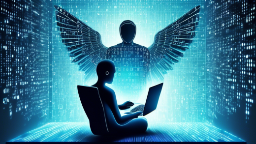 Create an illustration of a digital guardian angel comprised of binary code, hovering over a person using a laptop. The scene should include symbolic representations of different online safety measures, such as a shield for antivirus protection, a lock for secure passwords, a fingerprint indicating biometrics, and an encrypted email symbol. The background should have a glowing digital network pattern, showcasing connectivity and safeguarding of personal data in the cyber world.