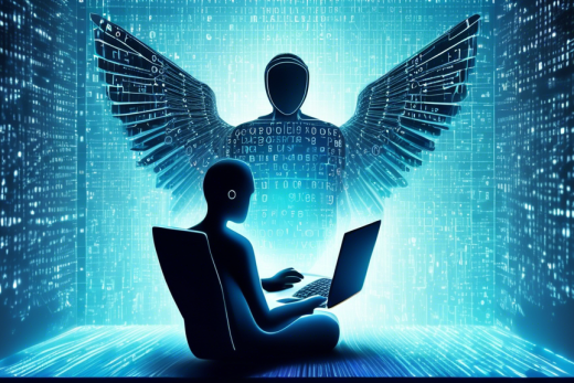 Create an illustration of a digital guardian angel comprised of binary code, hovering over a person using a laptop. The scene should include symbolic representations of different online safety measures, such as a shield for antivirus protection, a lock for secure passwords, a fingerprint indicating biometrics, and an encrypted email symbol. The background should have a glowing digital network pattern, showcasing connectivity and safeguarding of personal data in the cyber world.