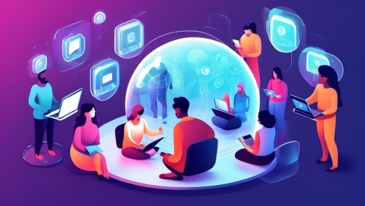 Create an image that visually represents 'Top Tips to Protect Your Information Online'. The scene is a digital fortress, symbolizing strong online security. In the foreground, a diverse group of people are joyfully engaging with various devices like laptops, tablets, and smartphones. Each individual is enveloped in their own translucent, glowing bubble of protection, representing safeguarding of personal information. In the background, a stream of encrypted binary code and padlock icons float around, symbolizing encryption and security measures. The overall atmosphere is empowering and secure.