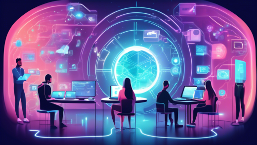 Create an image depicting a futuristic digital landscape where various symbols of internet privacy services such as a shield, lock, VPN tunnel, and encrypted data streams are dynamically interacting. In the foreground, a diverse group of tech-savvy individuals using laptops and smartphones are thoughtfully evaluating holographic screens displaying different privacy service options. The background should be a serene, tech-inspired environment symbolizing security and peace of mind.