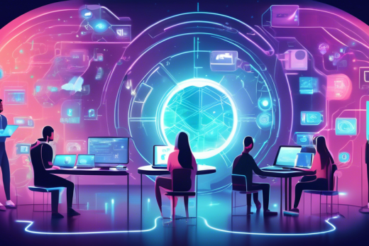 Create an image depicting a futuristic digital landscape where various symbols of internet privacy services such as a shield, lock, VPN tunnel, and encrypted data streams are dynamically interacting. In the foreground, a diverse group of tech-savvy individuals using laptops and smartphones are thoughtfully evaluating holographic screens displaying different privacy service options. The background should be a serene, tech-inspired environment symbolizing security and peace of mind.