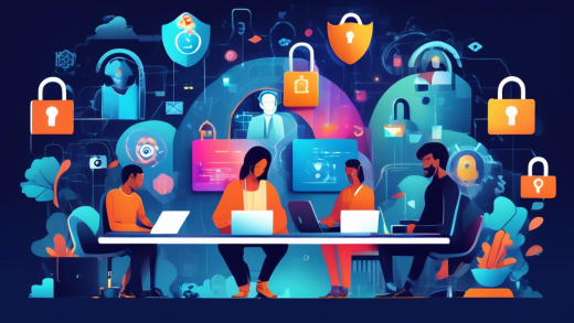 Create an image that visually represents the concept of enhancing online security through privacy web practices. The scene should include a diverse group of people working on laptops and tablets, surrounded by icons of locks, shields, and privacy symbols floating in the background. The individuals are in a modern digital environment with a serene, focused atmosphere, showcasing a sense of unity and collective effort towards securing their online presence. The overall tone should be tech-savvy and forward-thinking, highlighting the importance of maintaining online security and privacy.