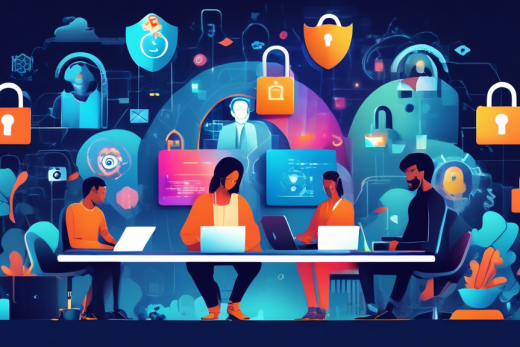 Create an image that visually represents the concept of enhancing online security through privacy web practices. The scene should include a diverse group of people working on laptops and tablets, surrounded by icons of locks, shields, and privacy symbols floating in the background. The individuals are in a modern digital environment with a serene, focused atmosphere, showcasing a sense of unity and collective effort towards securing their online presence. The overall tone should be tech-savvy and forward-thinking, highlighting the importance of maintaining online security and privacy.