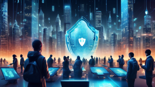 Create an image depicting a futuristic cityscape with a large, glowing digital shield hovering over it. The shield is composed of binary code and other digital symbols, representing cybersecurity. In the foreground, people of diverse backgrounds are using various gadgets such as smartphones, tablets, and laptops, each one displaying symbols of privacy tools like VPNs, encrypted messages, and secure passwords. The atmosphere is both high-tech and secure, emphasizing the importance of protecting one's digital footprint.