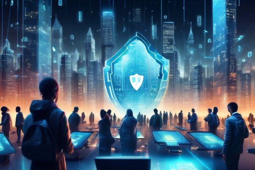 Create an image depicting a futuristic cityscape with a large, glowing digital shield hovering over it. The shield is composed of binary code and other digital symbols, representing cybersecurity. In the foreground, people of diverse backgrounds are using various gadgets such as smartphones, tablets, and laptops, each one displaying symbols of privacy tools like VPNs, encrypted messages, and secure passwords. The atmosphere is both high-tech and secure, emphasizing the importance of protecting one's digital footprint.