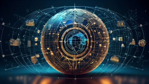 Create an image of a futuristic digital landscape, where various shields and locks hover around a globe made of interconnected lines representing the internet. Each shield has an emblem representing top internet privacy companies, such as a stylized lock or a digital fingerprint, symbolizing the protection of online data. The background features abstract code and binary streams, emphasizing the theme of cybersecurity and data encryption. The color palette includes blues and greens, conveying a sense of trust and security.