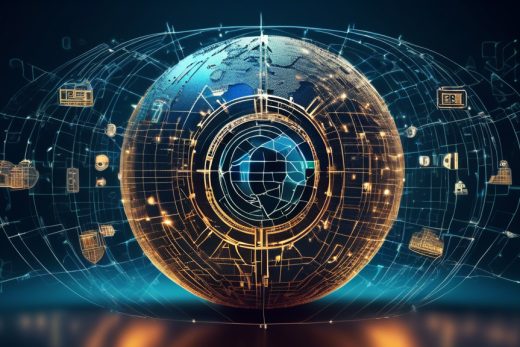 Create an image of a futuristic digital landscape, where various shields and locks hover around a globe made of interconnected lines representing the internet. Each shield has an emblem representing top internet privacy companies, such as a stylized lock or a digital fingerprint, symbolizing the protection of online data. The background features abstract code and binary streams, emphasizing the theme of cybersecurity and data encryption. The color palette includes blues and greens, conveying a sense of trust and security.