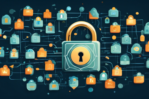 Create an image illustrating a digital landscape composed of interconnected website pages, each with a padlock icon to symbolize privacy. Include visual elements representing data protection, such as shields and keys, with a central focus on a simplified, user-friendly privacy policy document. The style should be modern and tech-inspired, conveying the importance of safeguarding personal information online.