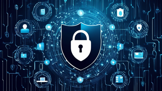 Create an image that visually represents the concept of a comprehensive internet privacy policy. The image should depict a digital shield protecting personal data represented by binary code, padlocks, and privacy icons like a fingerprint and an eye icon crossed out. In the background, show abstract representations of interconnected networks and digital devices like smartphones and laptops. The overall tone should be secure and trustworthy, with a calming color palette of blues and whites.